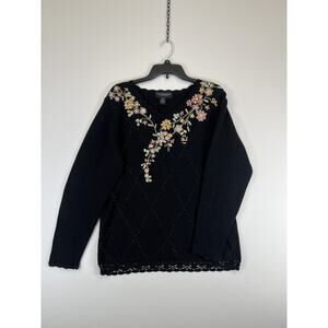 Celina Yang Designs Sweater Womens Medium Black Floral Embroidered Knit Pullover